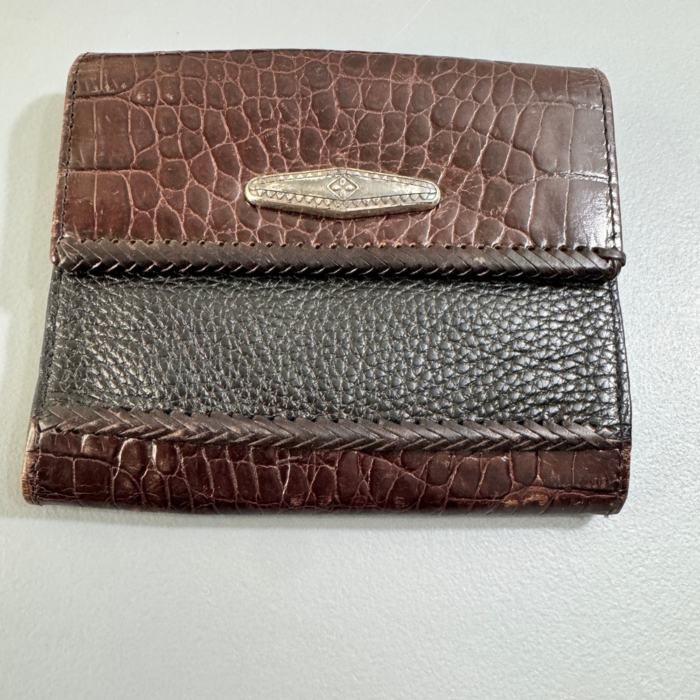 Brighton Brown Croc Embossed Leather Bifold Wallet Braided Trim Silver Hardware
